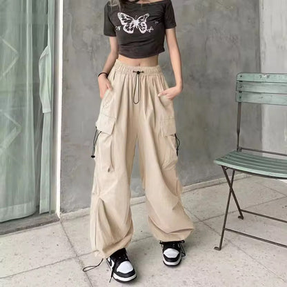 Mid Rise Drawstring Cargo Pants Beige