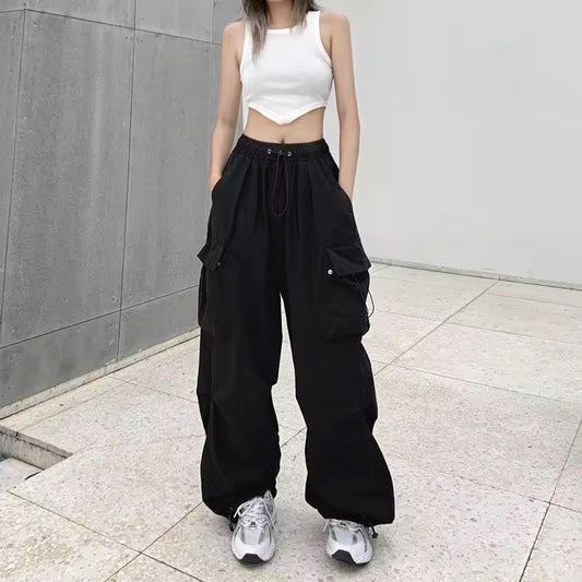 Mid Rise Drawstring Cargo Pants Black