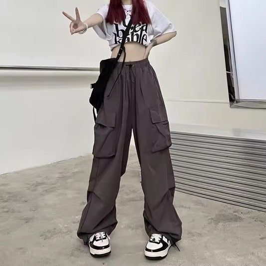 Mid Rise Drawstring Cargo Pants Grey