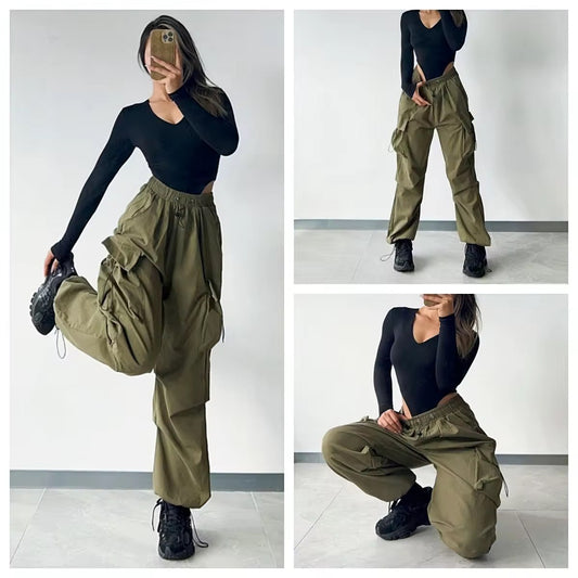 Mid Rise Drawstring Cargo Pants Olive