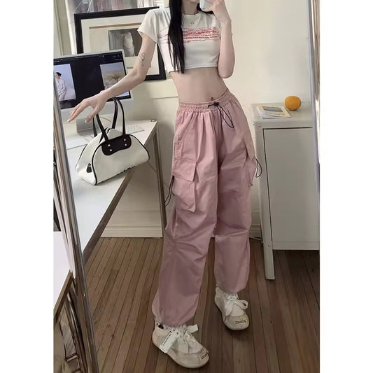 Mid Rise Drawstring Cargo Pants Pink