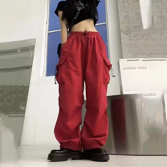 Mid Rise Drawstring Cargo Pants Red