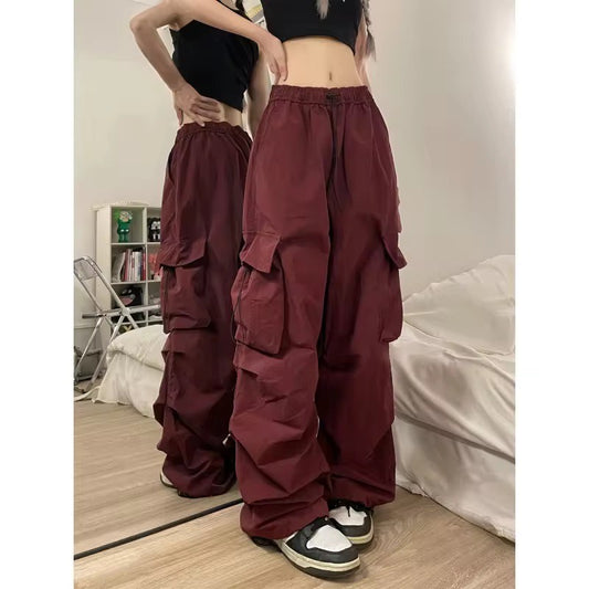 Mid Rise Drawstring Cargo Pants Wine Red