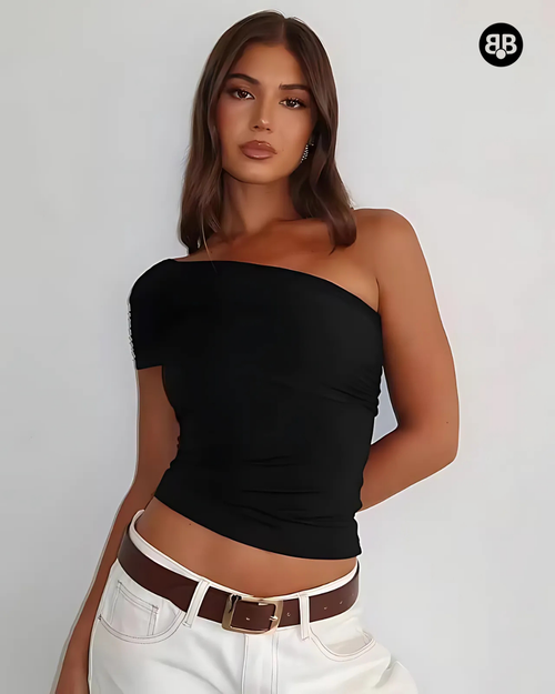 One Shoulder Solid Top Black