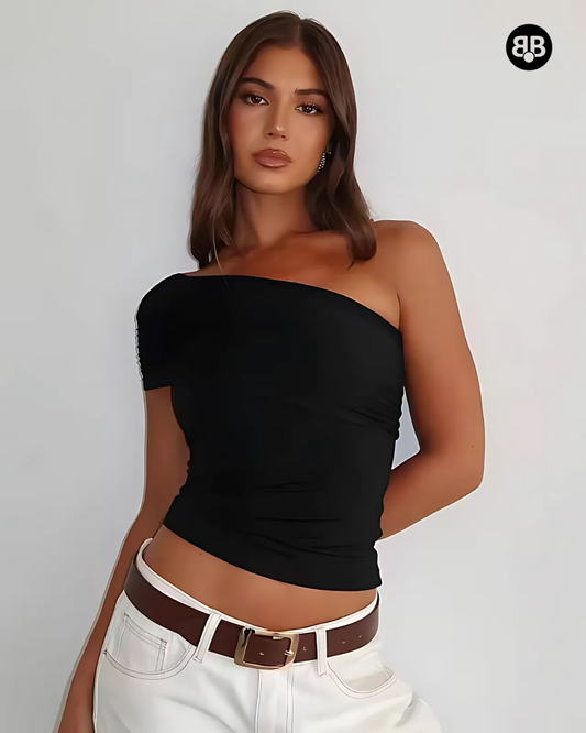 One Shoulder Solid Top Black