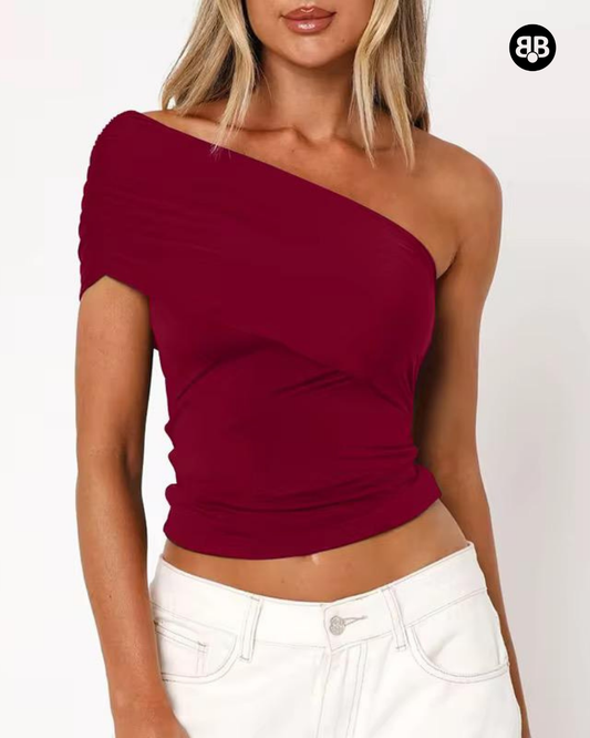 One Shoulder Solid Top Burgundy