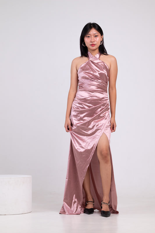 Pink High Slit Halter Sleeveless Elegant Gown