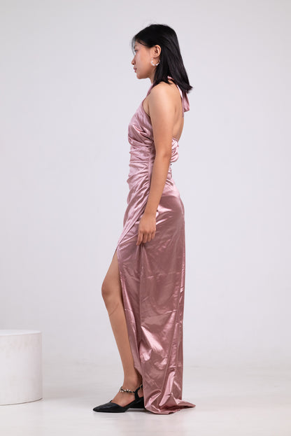 Pink High Slit Halter Sleeveless Elegant Gown