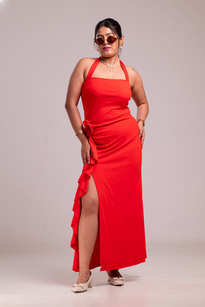 Red Flower Haulter Neck Slit Dress