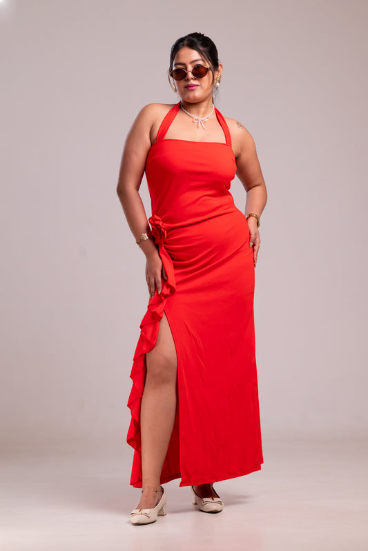 Red Flower Haulter Neck Slit Dress