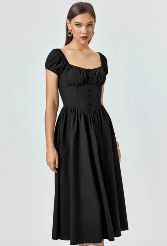 Solid Black Corset A-line Midi Dress
