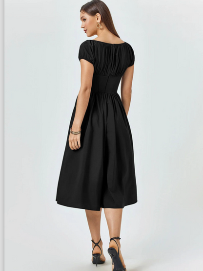 Solid Black Corset A-line Midi Dress