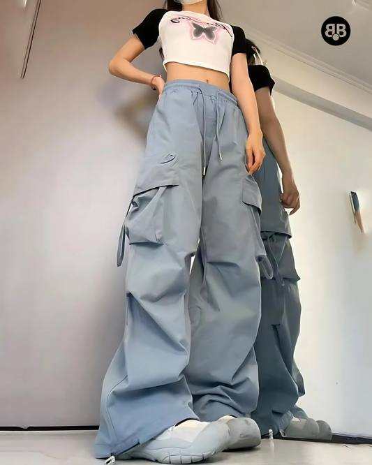 Solid High Rise Drawstring Cargo Pants
