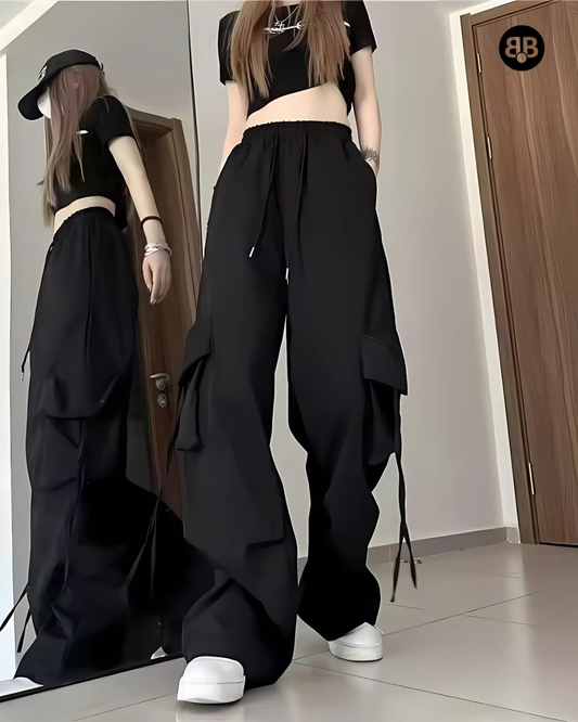 Solid High Rise Drawstring Cargo Pants Black