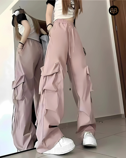 Solid High Rise Drawstring Cargo Pants Pink