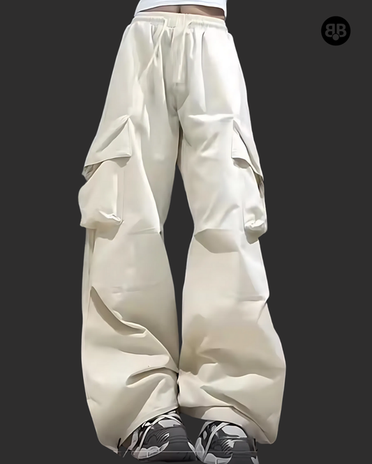 Solid High Rise Drawstring Cargo Pants White