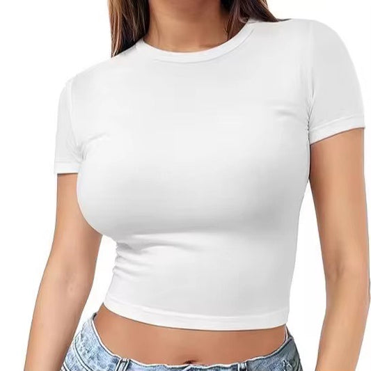 Solid Round Neck Short Sleeve Crop Top