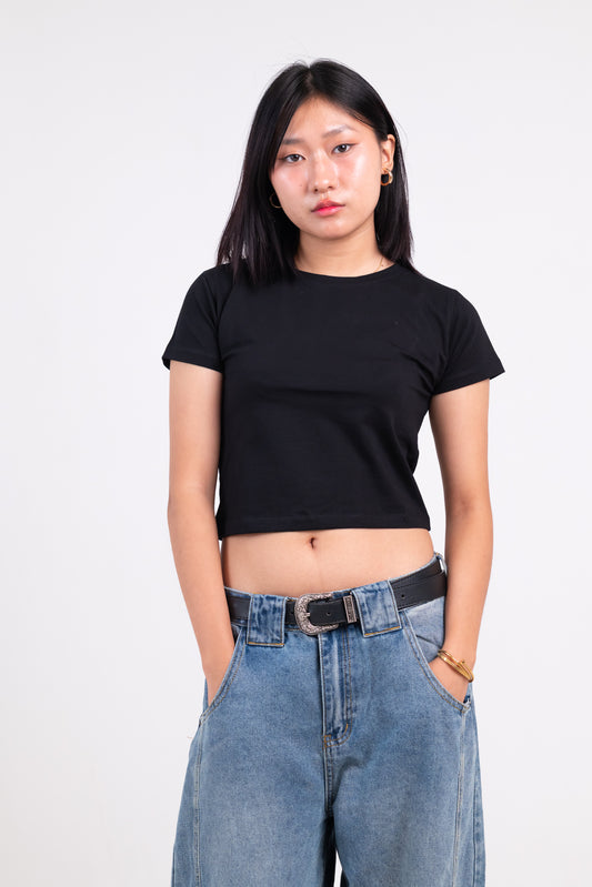 Solid Round Neck Short Sleeve Black Baby Tee
