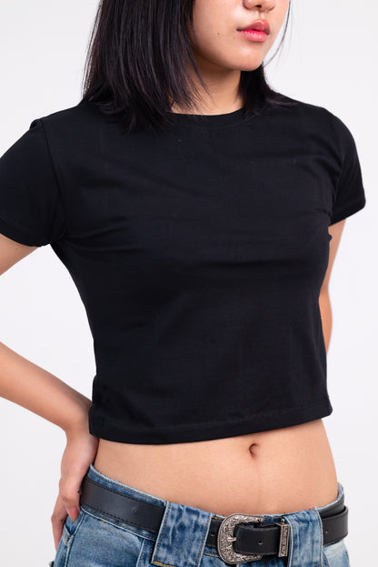 Solid Round Neck Short Sleeve Black Baby Tee