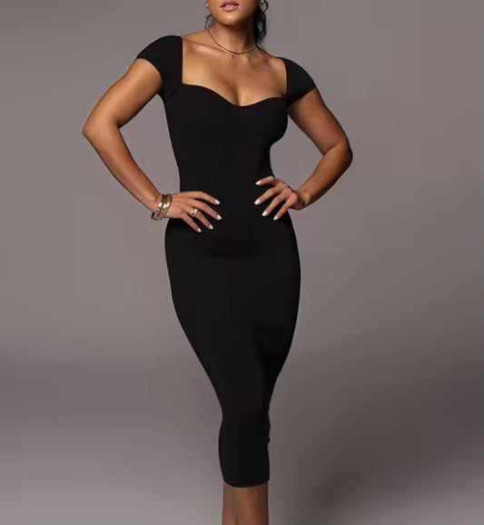 Sweetheart Neck Bodycon Ribbed Dress Black