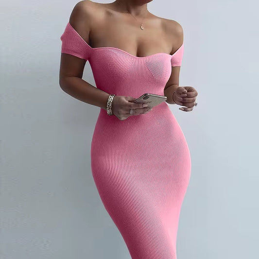 Sweetheart Neck Bodycon Ribbed Dress Pink