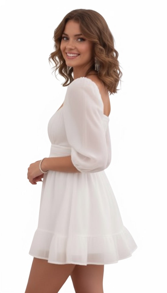 Woman wearing a white dress on a white background