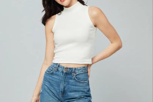 White Ribbed High Neck Crop Top