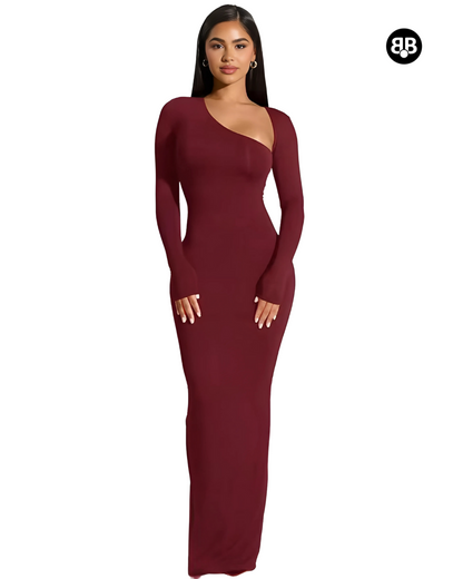 Maroon long-sleeve gown on a white background with a brand logo in the corner.