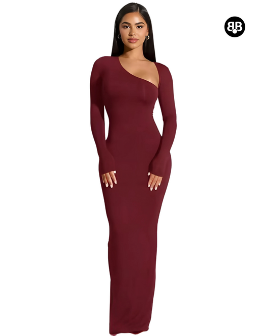 Maroon long-sleeve gown on a white background with a brand logo in the corner.